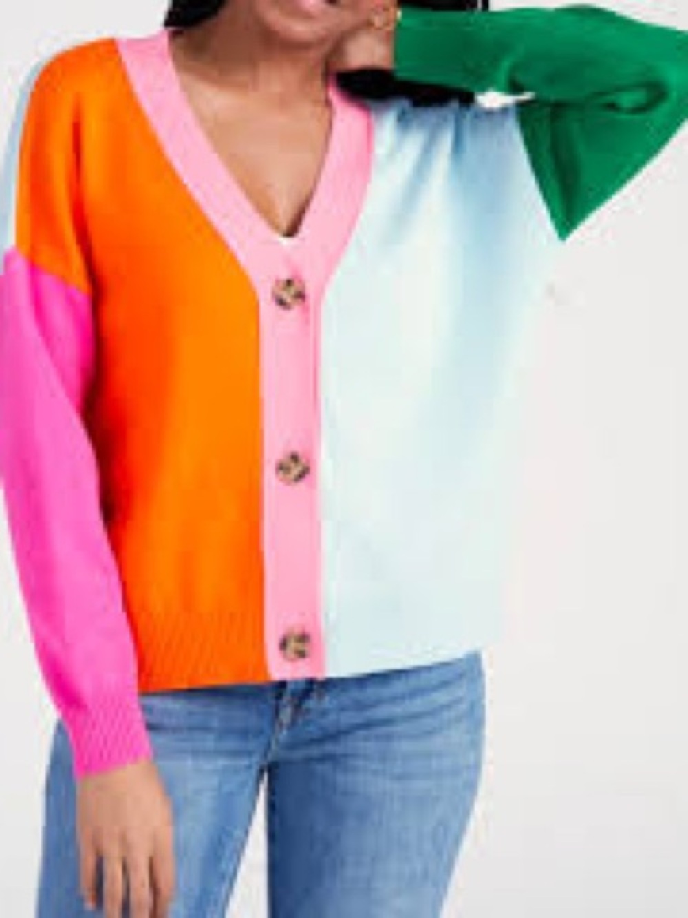 Vigoss Colorblock Button Front Cardigan Sweater Orange, Pink, Green, Light Blue